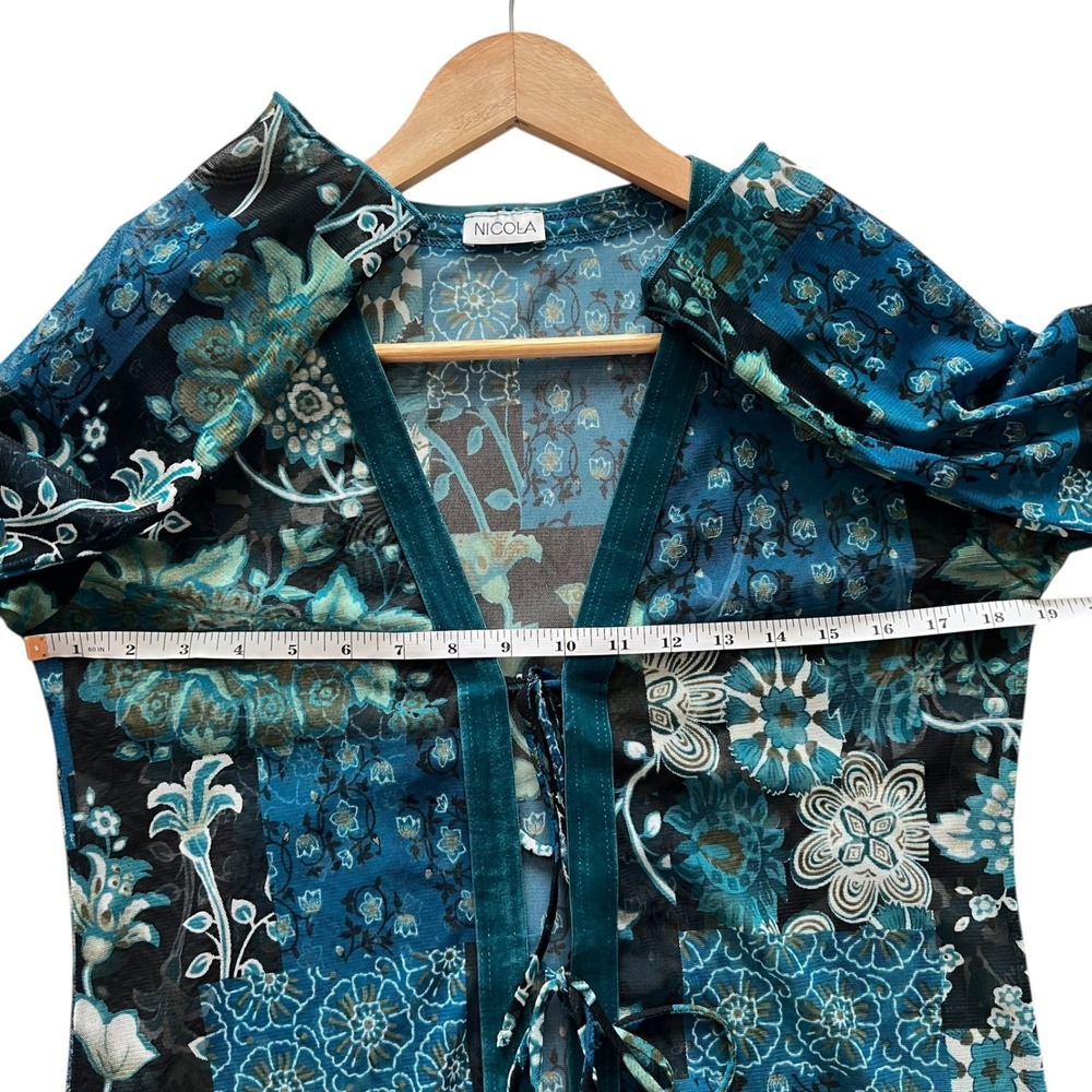 Nicola VTG Y2K Mesh Front Tie Velvet Trim Floral Long Sleeve Top M Fairy Grunge - Picture 10 of 12